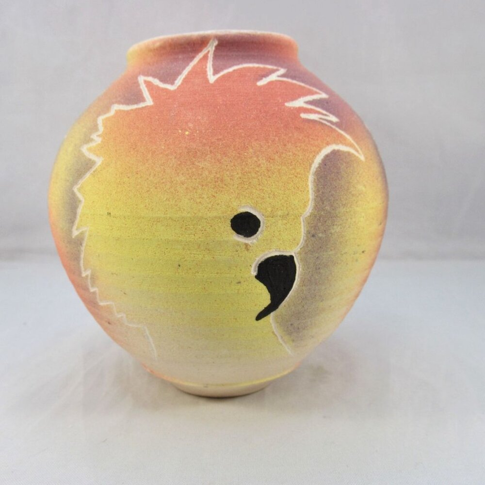 Southwestern Sand Art Pottery Bud Vase with Cockatoo Birds Signed